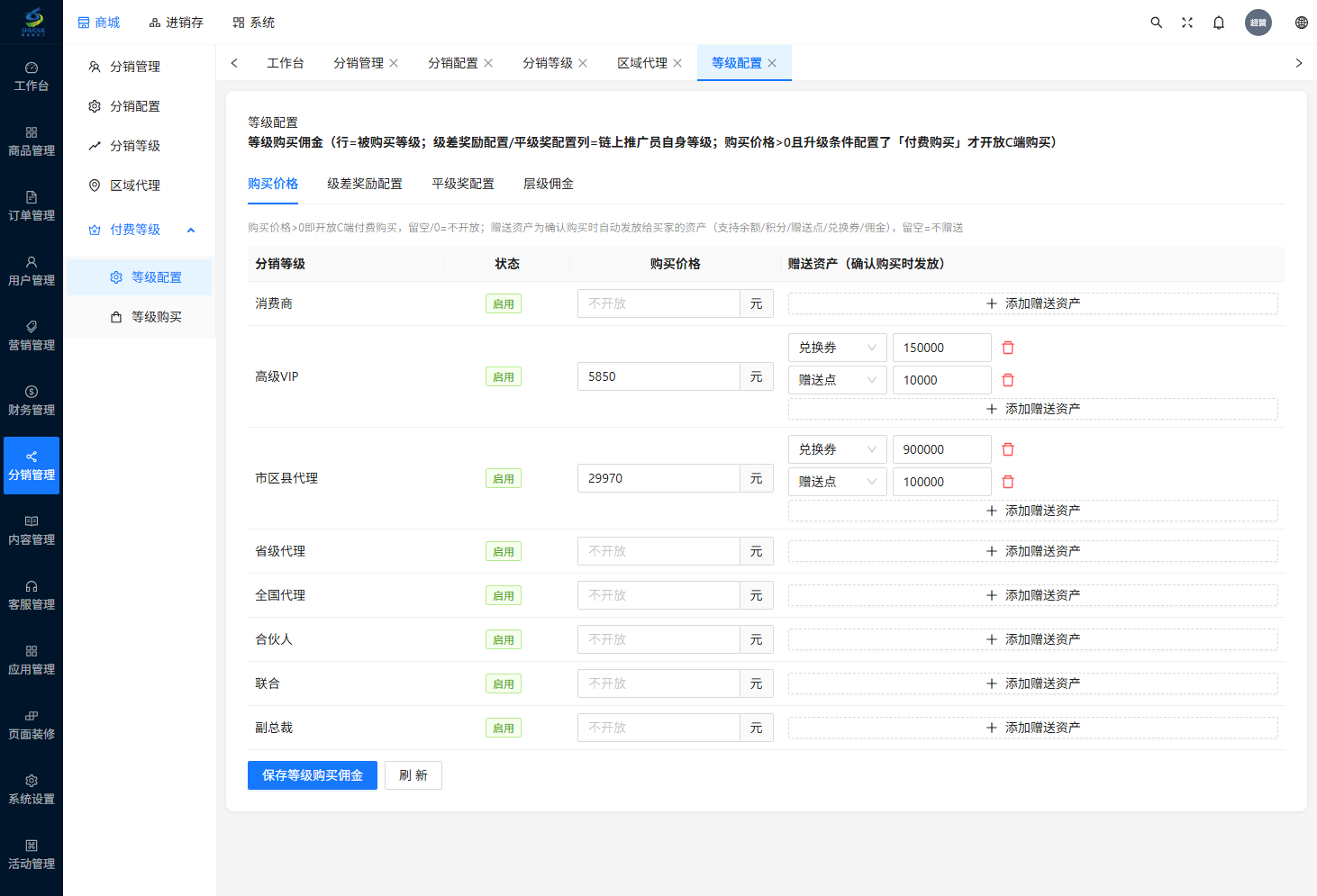 付费等级配置页